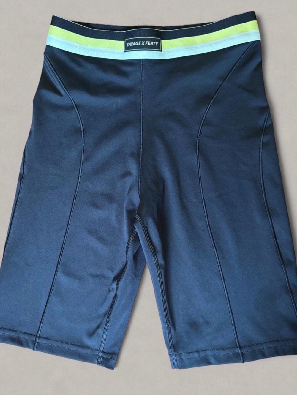 Savage X Fenty Navy Bike Shorts with Yellow Accent Waistband